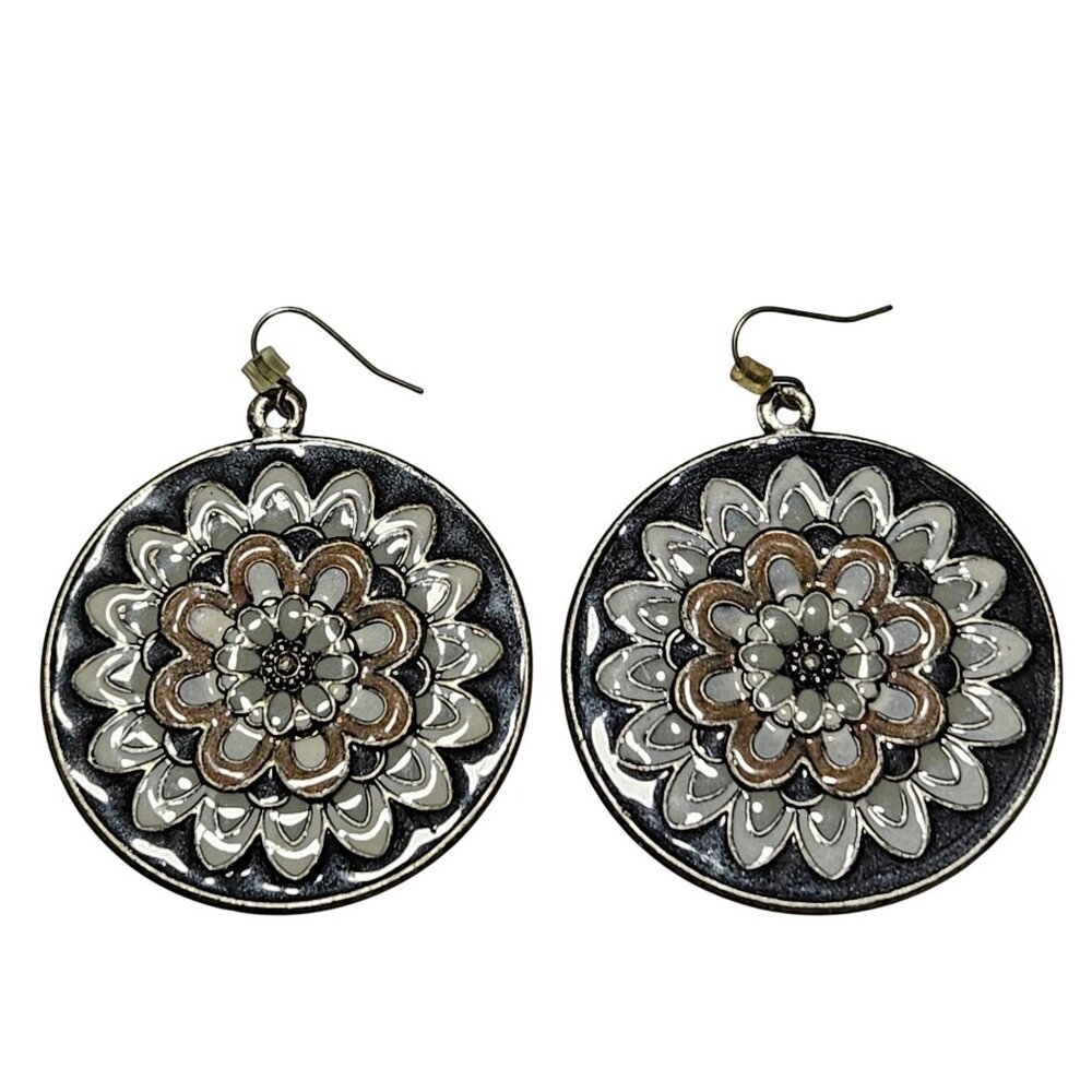 Bohemian Floral Design Round Dangle Earrings Silver Tone Fashion Jewelry Women